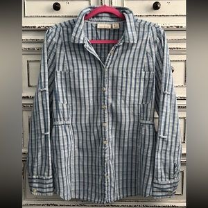 DKNY long sleeve button tan light weight button down with elastic waist size L